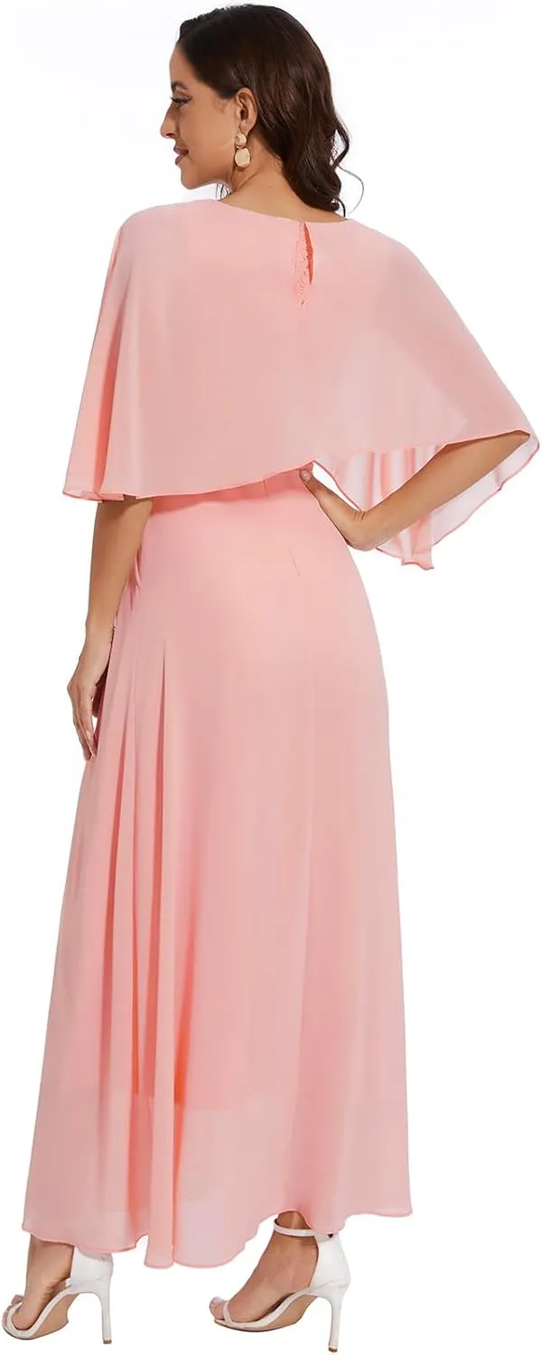 Women Sleeveless Cape Dress with Chiffon Overlay Lace Wedding Guest Cocktail Party Gowns Dress