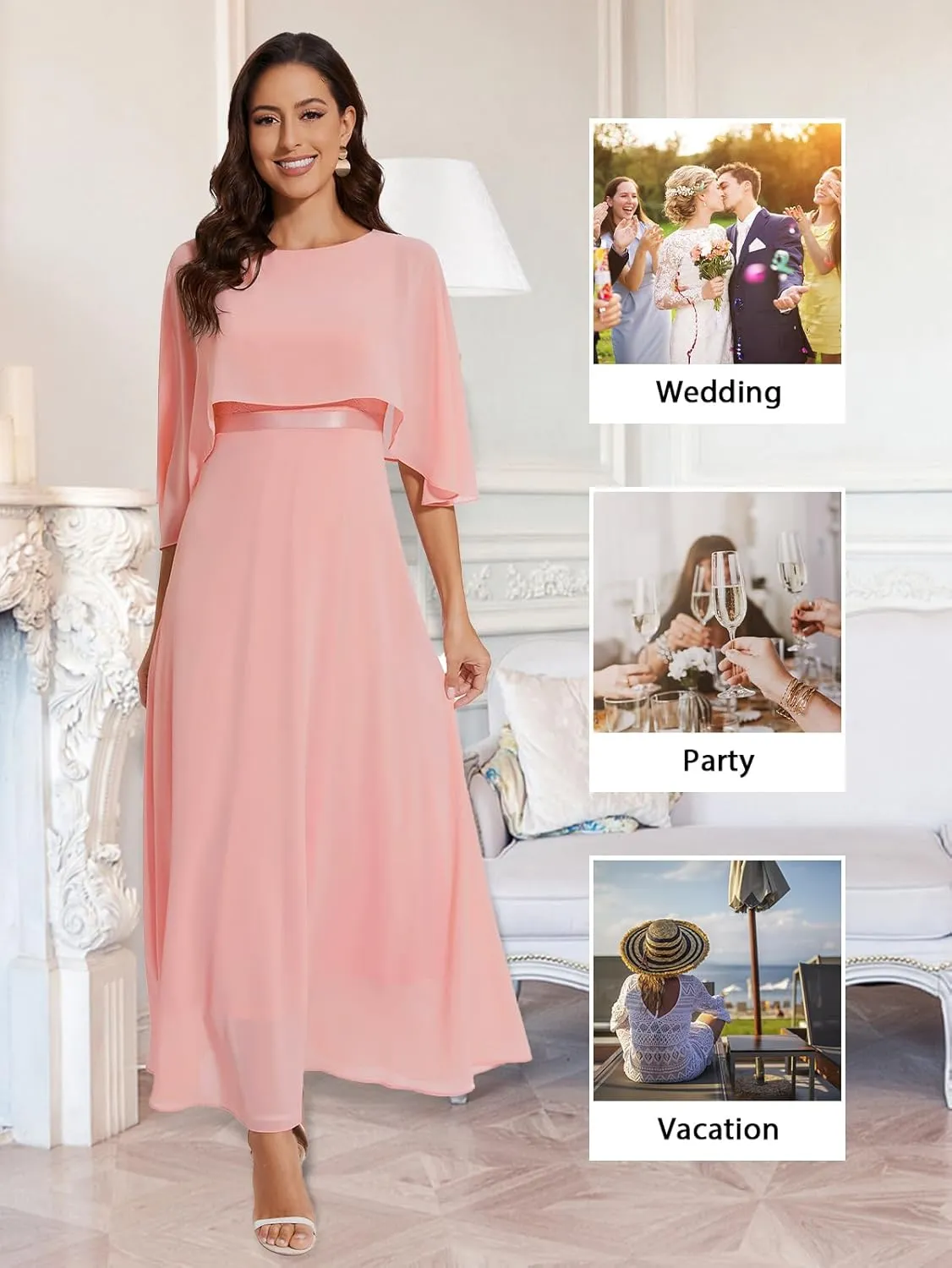 Women Sleeveless Cape Dress with Chiffon Overlay Lace Wedding Guest Cocktail Party Gowns Dress