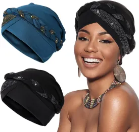 XEPST 2 Pieces Turbans for Women, Pre-tied Twisted Hat Braid Hair Covers, African Head Wraps for Black Women